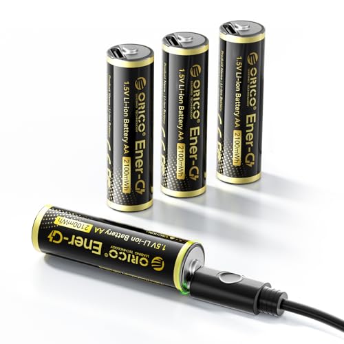 ORICO Ener-G Baterías Recargables de Litio Tipo C AA 4-Pack 1.5V 2100mWh, Recargables hasta 1500 Veces, Carga Rápida en 2H para Mandos a Distancia, Juguetes Electrónicos (Sin Cable USB-C)