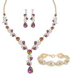 3 Pairs Gold Plated White and Rainbow Necklace Bracelet Earrings Set