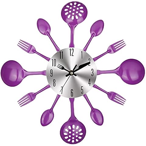 CIGERA 14" Kitchen Cutlery Wall Clock with Forks and Spoons for Home Decor,Purple Cover