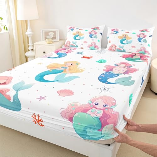 Image of jejeloiu Mermaid Bed Sheets Set Full Size Mermaid Tail Deep Pocket Fitted Sheet Sea Animal Bedding Sets Ocean Theme Soft Bed Set 4Pcs with 2 Pillow Cases