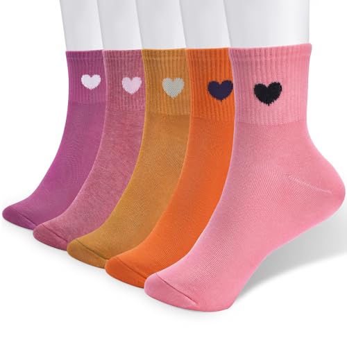 Image of Corlap Women's Cotton Crew Socks - Ankle High Fun Cute Heart Casual Dress Athletic Socks - 5Pairs Gifts for Mother /Her