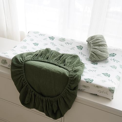 Coreeky 3 Pack Muslin Changing Pad Covers for Girl, Boy, 100% Soft Cotton Changing Table Cover, Breathable Baby Nursery Diaper Chang Pad Sheets (Leaf)