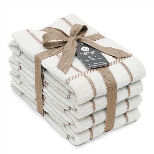 Mellow Buff 100% Cotton Terry Dish Towels, 4 Pack Checks, 16 x26 Inches, Super Soft and Absorbent Kitchen Towels, Perfect for Kitchen Cleaning and Dish Washing | Tan