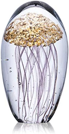 YU FENG Crystal Glass Jellyfish Figurine Handmade Blown Art Golden Paperweight For Table Centerpiece