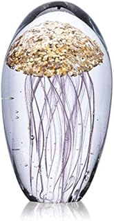 YU FENG Crystal Glass Jellyfish Figurine Handmade Blown Art Golden Paperweight For Table Centerpiece