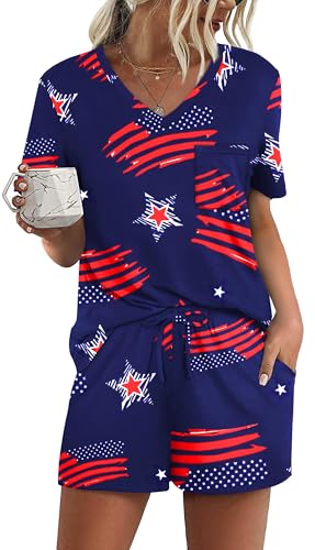 Image of RUBZOOF Women's Short Sleeve Pajama Sets with Pockets Casual V Neck 2 Piece Lounge Sets S-3XL
