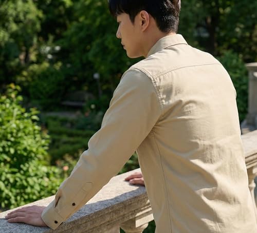 Image of Men's Long Sleeve Dress Shirt,Light Beige, Button Down, Chest Pocket, Casual Formal Wear