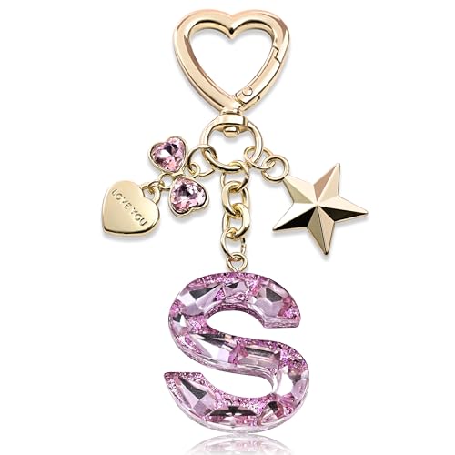 Cute Keychain initial Letter Butterfly Star Pink Purple Bling Gift for Women Girls Bag Cup Charms Accessories (S-pink)