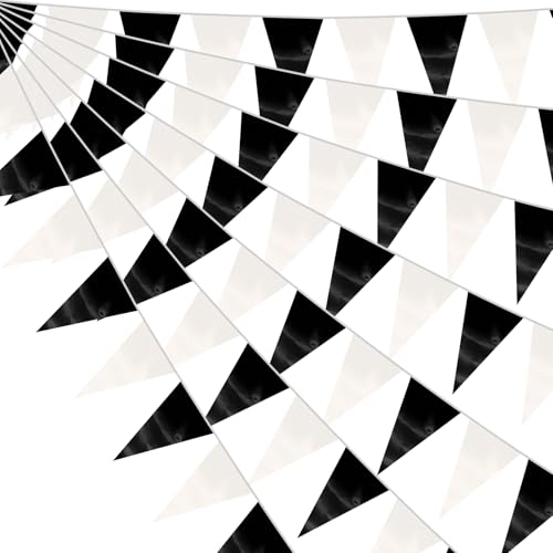 Image of 130FT Black White Triangle Pennant Banner Flag Metallic Fabric Bunting Garland for Christmas Graduation Birthday Wedding Bridal Shower Nautical Ahoy Achor Theme Party Decorations Supplies
