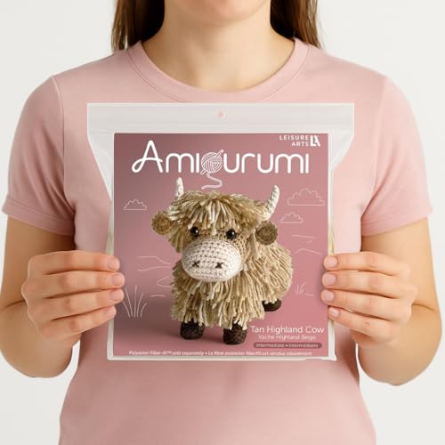 Image of LEISURE ARTS Crochet Kit Amigurumi Highland Cow, Tan, Beginner for Adults, Animal Kit, Crotchet