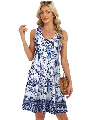 Image of elescat Womens Summer Dresses Casual V Neck Sleeveless Pockets Beach Loose Tank Sundress 2026