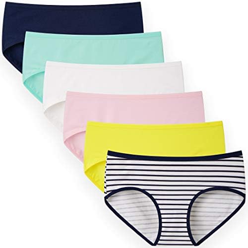 INNERSY Girls Underwear Cotton Briefs Panties for Teens Pack of 6(10-12 Years, 1 Stripe&5 Colors)