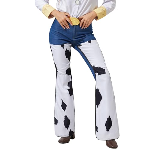 PAINEOMN Cowgirl Costume Adult Cowgirl Pants Cow Prints Jeans Trousers with Belt for Women Halloween Cosplay Suit M