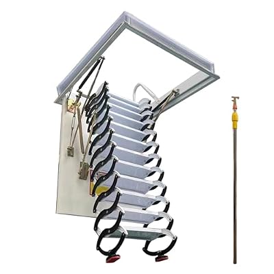 TECHTONGDA 12 Steps Attic Ceiling Ladder 9.84ft Black and White Folding Loft Stairs, Pull Down Ceiling Ladder Carbon Steel Attic Loft Ladder, Open Size 27.56×39.37in
