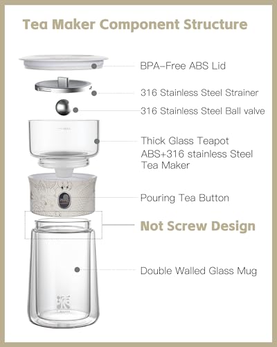 Image of ZENS Cool Glass Teapot with Infuser, Smart One Touch Tea Maker for Loose Tea Diffusers with Insulated Mug and Portable Tea Kits, Enchanted Teapot Alternatives for Tea Lover Gifts