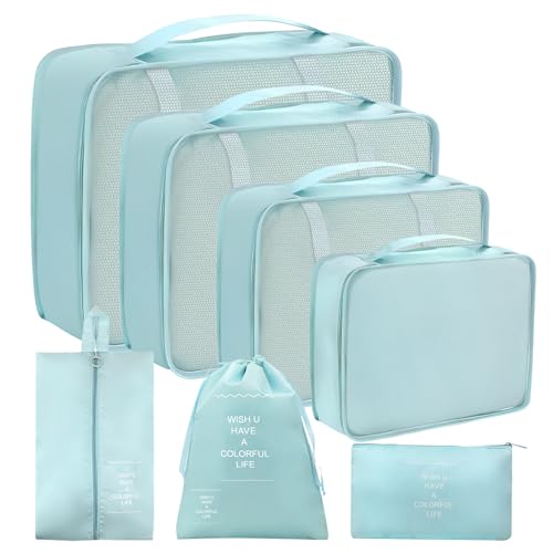 7 Piezas Organizadores para Maletas, Organizador de Equipaje Multifunción, Packing Cubes Bolsas Ropa Viaje, Organizadoras Viaje, Impermeable, para Cosméticos, Ropa Interior, Bolsa Zapatos(Azul)