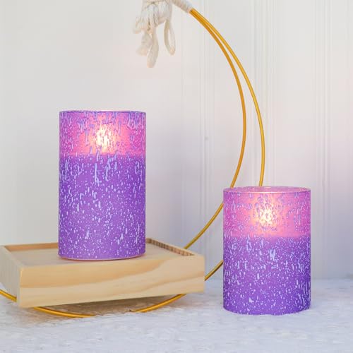 Image of Purple Flameless Candles With Remote LED Battery Operated Candles Set of 3 | Real Wax Raindrop Glass Design Timer & Brightness Settings Safe LED Candles for Halloween Christmas Bedroom & Fall Decor