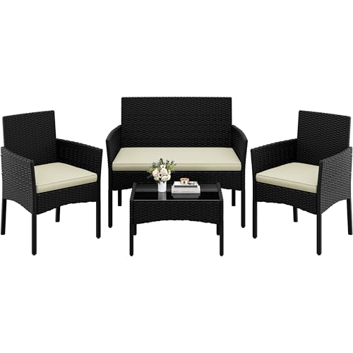Yaheetech Salon de Jardin 4 Personnes en Polyrotin et Métal Ensemble Mobilier d'extérieur 4 Pièces avec Coussin Canapé 2 Places 2 Fauteuils 1 Table Basse...