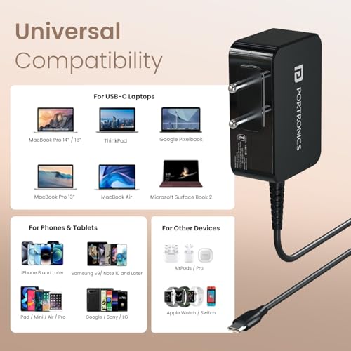 Image of Portronics 65W Zion 65 PD Fast Charging Laptop Adaptor with in Built Type C Cable, PPS Technology, 1.5m Cable Length, Compatible with Laptops, Smartphones, Tablets, MacBooks, iPads (Black)