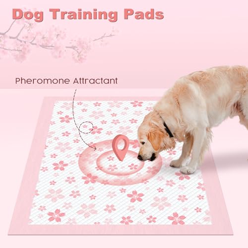 Image of MIZOK 100 Counts Dog Pee Pads Extra Large 28 inchx34 inch, Potty Pads for Big Dog Breeds, Super Absorbent & Leak-Proof, Pink Cherry Blossom Prints, 4-Corner Adhesive Tabs, Thick & Heavy, XL