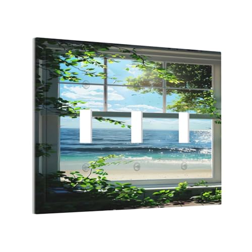 Decorative Switch Covers Plate Window Beach Seascape View Green Leaves 3 Gang Wall Plate Oversized Triple Toggle Light Switch Plate Jumbo Faceplate for Country Bedroom Home Decor