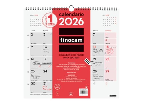 Finocam - Calendario de pared 2026 Mes Vista Enero - Diciembre (12 meses) | Calendario 2026 para anotar | Planificador mensual Neutro - Español
