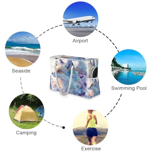 Large Beach Bags Totes Canvas Tote Shoulder Bag Purple Fantasy Fox Water Resistant Bags for Gym Travel Daily3