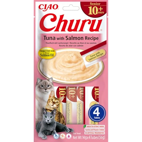 INABA Churu Senior Katzenleckerlis mit 30% Thunfisch, Omega 3 Fettsäuren aus Lachsöl, Taurin, Nur 7 kcal pro Tube Gesunde Katzen Leckerlies, Senior Katzenfutter 56 g (1er Pack)