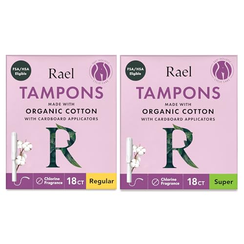 Rael Tampons, Cardboard Applicator with Organic Cotton, Multipack, Regular and Super Absorbency, Unscented, Upgraded Easy Grip, Biodegradable, Chlorine-Free (36 Count, Bundle)