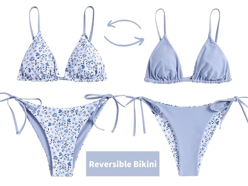 Image of ZAFUL Women's Triangle Bikini Floral String Bikini Set Two Piece Swimsuit Bathing Suits