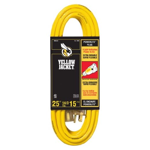 Yellow Jacket 2886 UL Listed 14/3 15 Amp Premium SJTW 25' (7.62M) Extension Cord with Grounded (3 prong) Lighted Receptacle End, 25 Foot, Yellow