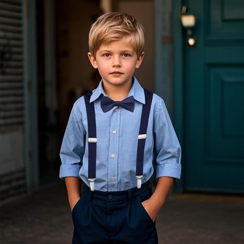 CXNXFD Kinder Hosenträger Fliege Set, Kinder-Hosenträger mit Elastischer Y-Form Verstellbar mit Clips (Blau)