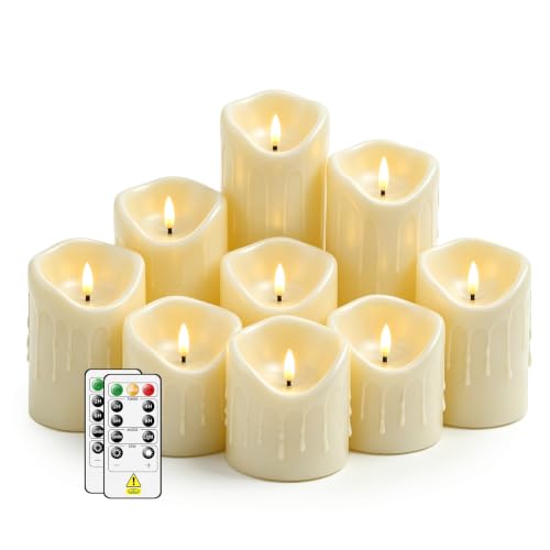 Image of Nimiko Flameless Candles with Remote, Battery Operated Flickering Flameless Candles, LED Candles with Timer 2 /4 /6 /8H, Realistic Drop Wax flameless Candle Set of 9 (D3 x H 3 inch 4 inch 5 inch 6 inch 7 inch) (Ivory)