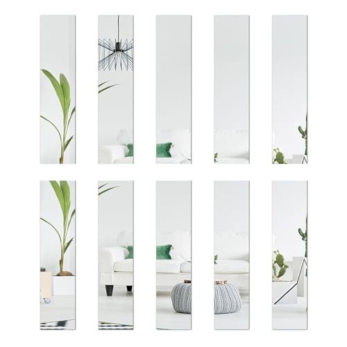 KMQRDZi 10 specchi in vetro 5x20 cm, piastrelle a specchio, decorazione 3D, adesivo rettangolare acrilico, specchio da parete autoadesivo, fai da te (argento)