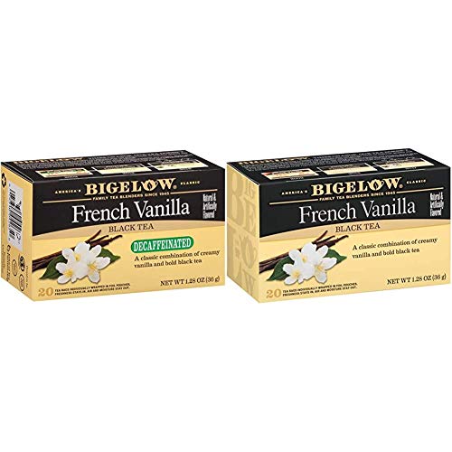 Bigelow Decaffeinated French Vanilla Black Tea Bags, 20 Count Box (Pack of 6) Decaf Black Tea, 120 Tea Bags Total & French Vanilla Black Tea 20-Count Boxes (Pack of 6), Caffeinated 120 Tea Bags Total