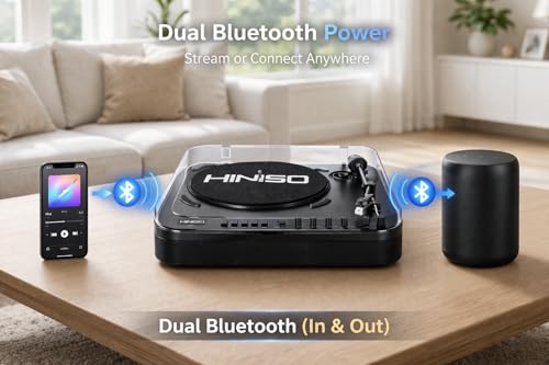 Image of HINISO T501 Bluetooth Vinyl Record Player with Moving Magnet Cartridge & Diamond Stylus, Dual Bluetooth (in & Out), 3-Speed Turntable (33 /45 /78 RPM), Vinyl to MP3 Recorder, USB /SD, FM, RCA & AUX