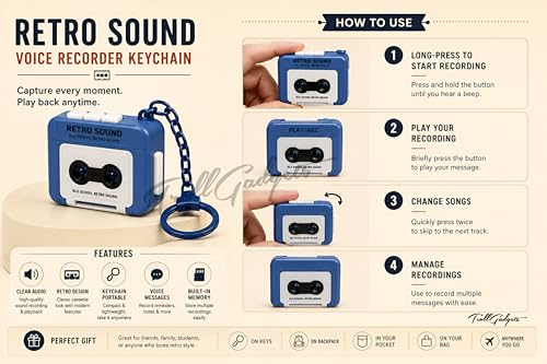 Image of TrollGadgets Retro Sound Voice Recorder Keychain, Mini Retro Cassette Recording Keychain with Playback, Portable Voice Message & Sound Recorder, Fun Recording Device, Pack of 1