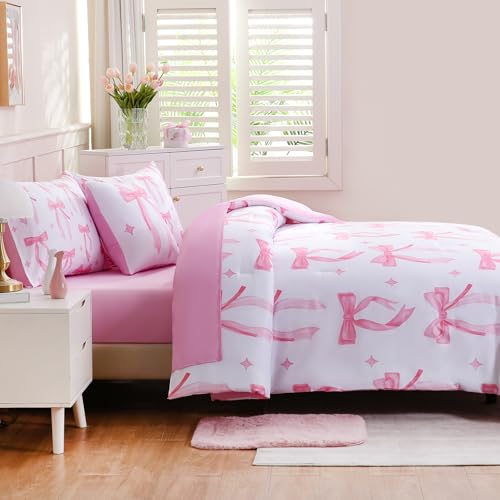 Image of DORCAS Bow Full Size Comforter Set for Girls,6 Pieces Bed in A Bag Pink Bow Bedding Sets with Sheets for Kids