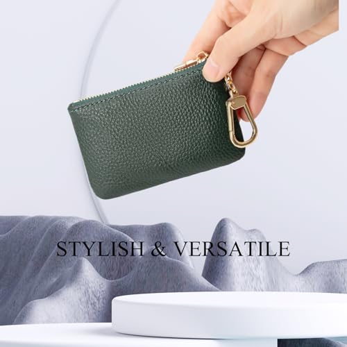 Image of Full Grain Leather Coin Purse with Key Chain - Small Change Purse Keychain Card Holder Keychain Pouch Small Keychain Wallet for Women and Men (Forest Green)