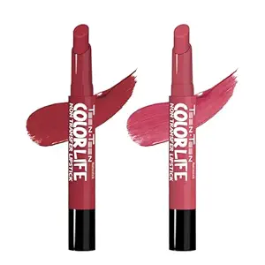 TEEN TEEN Color Life Nontransfer Crayon Lipstick |Matte Finish with Built-in Primer |Waterproof & Long Lasting Lip Color |Smudge-Proof, Fade-Resistant Formula |Combo Color (Red Wine, Coral Pink)