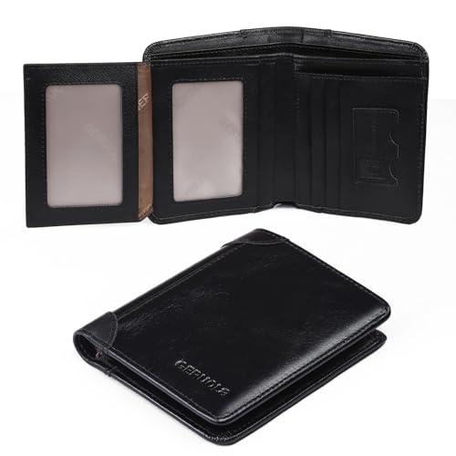 Mens Leather Wallet，Mens Trifold Wallet, RFID Blocking Wallet,Leather Wallet For Men,2see-through Id, 9 credit card slots, with, 2-pocket money divider,Large Capacity Wallet (Black)