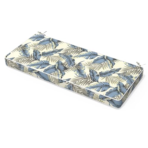 TWLEAR Outdoor Bench Cushion 42 x 18 Inch with Ties, Fade Resistant & Waterproof Patio Furniture Decorative Cushions Settee Couch for Chair Garden Sofa, Lush Palm Blue