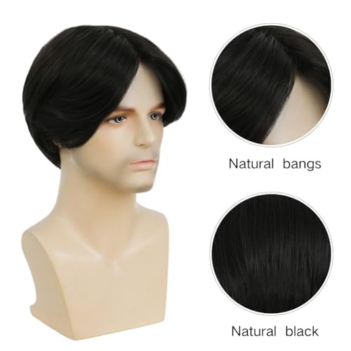 Image of Swiking Mens Black Short Wigs Middle Part Layered Fluffy Natural Synthetic Male Hair Wig Daily Halloween Wig(Black)