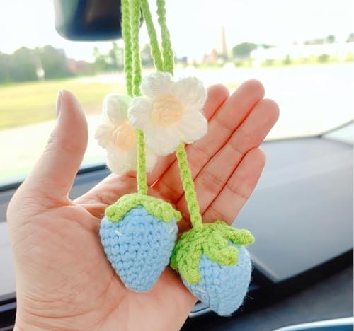 Image of VRB Dec 1 Pcs Crochet Flower for car Dashboard Decoration Items,Car Hanging Crochet Flower,Sunflower Decoration for Car,Car Mirror Hanging Accessories, (Hanging Strawberry Blue Crochet - 1 Pcs)