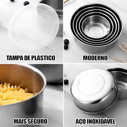 Conjunto de Potes Bowls em Aço Inox - 5 Peças c/Tampa Versátil para Cozinha Moderna