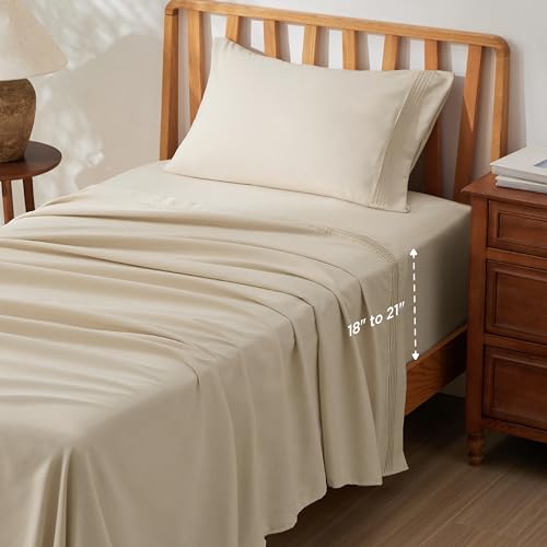 Image of Bedsure Deep Pocket Twin Sheets Set - Fits Mattresses Up to 21 Inches Thick -3 Piece GentleSoft Bed Sheets, Moisture Wicking, Soft & Cooling Bedsheet & Pillowcases, Easy & Secure Fit, Beige