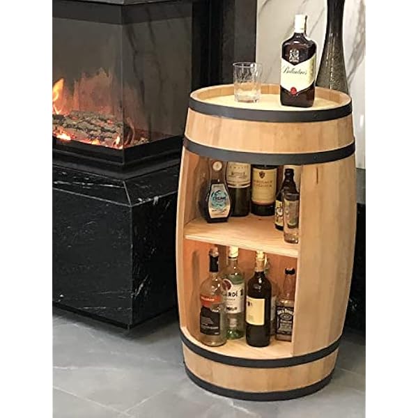 Träfat – fat – vinskåp – vinställ dryckesskåp – vinställ trähylla 80 cm. Dekoration rum – modernt förvaringsskåp. Tunna för gin whisky, ölglas och flaskor. skåp organisatör