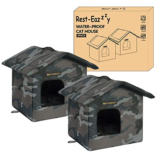 Rest-Eazzzy Cat House for Outdoor Cats, Weatherproof and Insulated Feral Cat House with Mat and Canopy, Easy to Put Together, Selfwarming Cat Shelter for Winter(13 * 13 * 14" Black with Supp