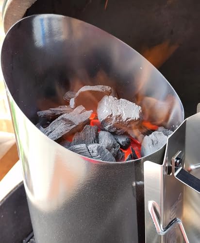 Joyagrill Anzündkamin, Deluxe emaillierter BBQ Grill Schornstein Starter D16,5 x 34,5 cm, für Holzkohlegrill mit Hitzeschild und Bambusgriffen, hervorragende Wärmeisolierung und griffig