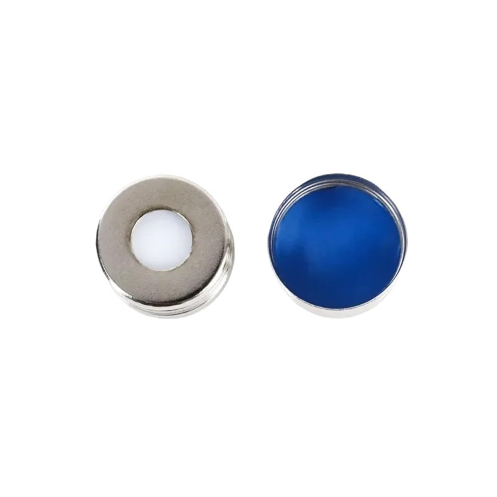 equipo de laboratorio Tapón de rosca, espacio de cabeza, acero, tapa magnética, septos de PTFE/silicona (parte superior blanca, parte inferior azul) 18 mm, 100/paquete. Tamaño de la tapa: 18 mm